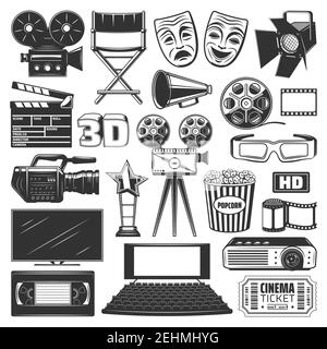 Icone e cartelli di dispositivi e apparecchiature per la produzione cinematografica o cinematografica. Macchina fotografica e registi sedia, proiettore e lavagna, film reel e occhiali 3D, po Illustrazione Vettoriale
