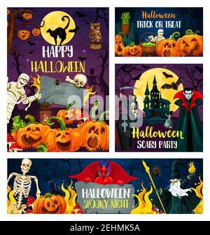 Happy Halloween banner di saluto per trucco o piacere e horror party invito. Ottobre vacanza spaventoso lanterna di zucca, pipistrello e scheletro, zombie, spide Illustrazione Vettoriale