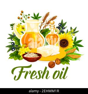 Olio fresco di piante e semi in bottiglia o poster caraffa. Burro e semi di lino, girasole e mais, olive e canapa, noci e punte di grano per liquidi Illustrazione Vettoriale