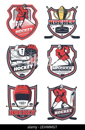 Campionato di hockey su ghiaccio, coppa della lega universitaria e badge di club di gioco sportivo. Icone vettoriali di giocatore di hockey o portiere con bastone, puck o pattini e tro Illustrazione Vettoriale