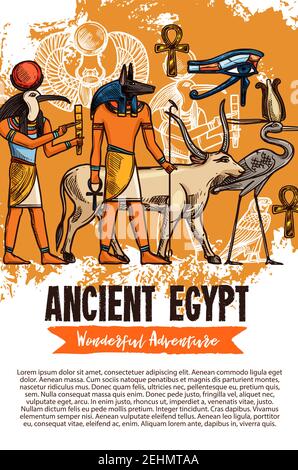 Antico Egitto schizzo avventura di viaggio degli dei egiziani, divinità e simboli della cultura religiosa faraone. Vettore Amon Ra o Anubis e Thoth con il godde della mucca Illustrazione Vettoriale