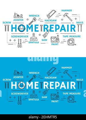 Riparazione e ristrutturazione domestica o strumenti di costruzione. Vector martello o sega per carpenteria a linea sottile, trapano elettrico o cacciavite e bulloni, giozzo e vernice Illustrazione Vettoriale