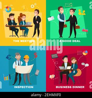Quattro persone di affari quadrati icona di concetto insieme con la riunione un buon affare ispezione e cena di lavoro descrizioni vettoriale illustrazione Illustrazione Vettoriale