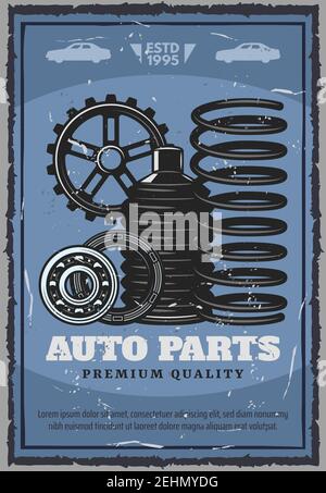 Servizio auto, negozio auto di pezzi di ricambio. Parti del veicolo Vector con molla e ingranaggi, cinghia di trasmissione e bagagliaio, silhouette dell'auto Illustrazione Vettoriale
