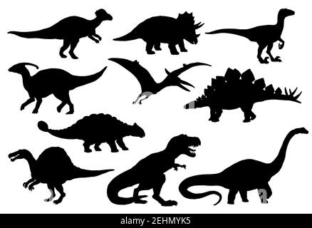 Dinosauri e Jurassic Dino mostri icone. Silhouette vettoriale di triceratops o T-rex, brontosaurus o pterodactyl e stegosaurus, pteranodon o cera Illustrazione Vettoriale