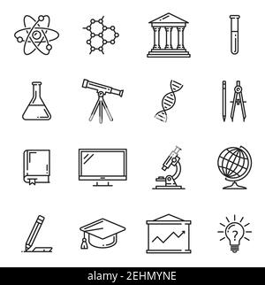 Scienza, educazione ed esperimenti di laboratorio icone vettoriali con fiasche da laboratorio e da libro, microscopio e atomo, DNA e molecola, tappo graduato e luce b Illustrazione Vettoriale