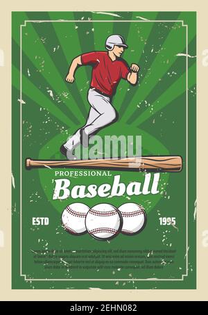 Giocatore retrò di poster dello sport di baseball che corre per palla e bat di legno. Gioco di squadra per sportivi professionisti, annuncio del torneo. Mettere l'uomo in uniforme Illustrazione Vettoriale