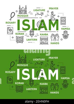 Islam religione e cultura line art vettori icone. Moschea musulmana, mani e Kaaba, lanterna Ramadan, libro e legature del Corano santo, preghiera o salah su kn Illustrazione Vettoriale