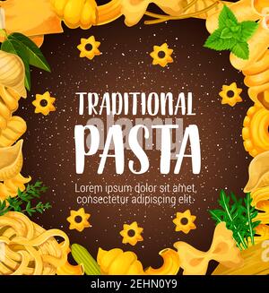 Pasta tradizionale, piatti italiani con verde e peperoncino o olive. Vettore spaghetti e maccheroni, farfalle e lasagne, fusilli e orzo con Illustrazione Vettoriale