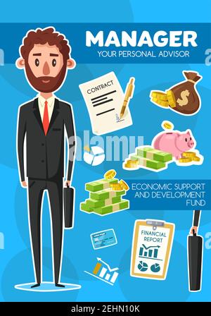 Professione di direttore, uomo consulente in abito e legare con valigetta, vettore. Documenti finanziari con penna e sacco d'oro, cassa di denaro e banconote, diagra Illustrazione Vettoriale