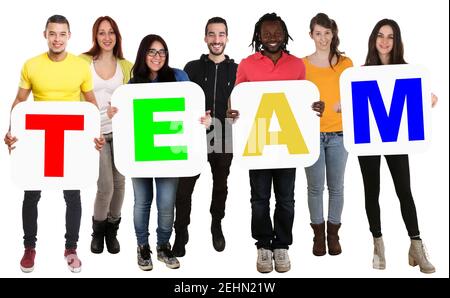 Lavoro di squadra lavoro di squadra business concept gruppo di giovani multi etnie isolate su bianco Foto Stock