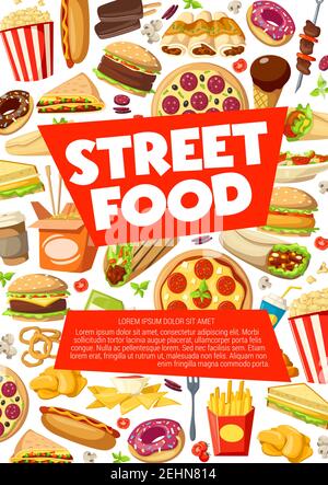 Street food, sandwich fast food, spuntini e pasti. Pizza vettoriale, cheeseburger o hot dog, burrito messicano con tacos, popcorn e noodle, barbetta kebab Illustrazione Vettoriale