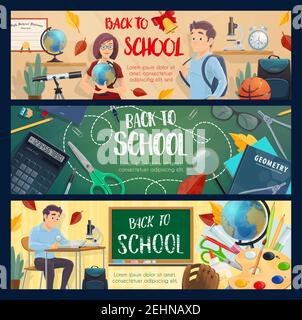 Back to School banner di insegnante e alunno in classe per la stagione scolastica. Ragazzo universitario vettoriale con borsa da scuola o zaino studio geometria, o biolo Illustrazione Vettoriale