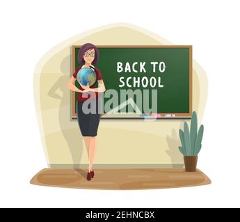 Torna alla Scuola poster di insegnante donna con geografia globo a lavagna. Sala di classe vettoriale con gesso e righello sulla lavagna per l'educazione autunnale s Illustrazione Vettoriale