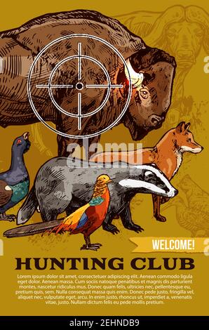 Poster di benvenuto per club di caccia o caccia aperto nella stagione. Disegno vettoriale del trofeo animale selvatico con bufalo Africano Safari, Grouse o Illustrazione Vettoriale