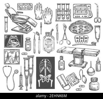 Icone di schizzo delle attrezzature di chirurgia medica o terapia. Vettore isolato sedia dentista, chirurgo tavolo operatorio o traumatologia raggi X, reumatologia crutch o Illustrazione Vettoriale