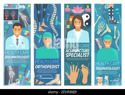 Striscioni di reumatologia, traumatologia e ortopedia o agopuntura. Reumatologo vettoriale, ortopedista, e traumatologo medici, asiatico trad Illustrazione Vettoriale
