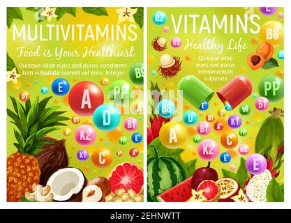 Frutti sani e noci con vitamine per una sana alimentazione e multivitaminico farmacia complesso pubblicità design, Vector vitamine pillole con tropicale Illustrazione Vettoriale