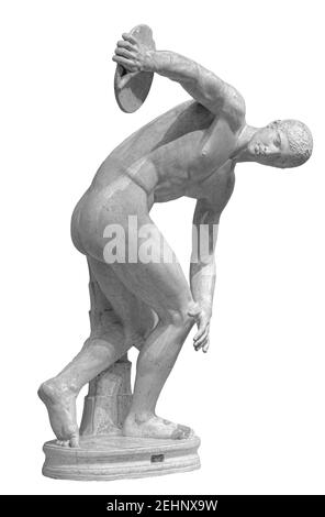 Discus lanciatore discobolo una parte degli antichi Giochi Olimpici. Una copia romana dell'originale greco in bronzo perduto. Isolato su bianco Foto Stock