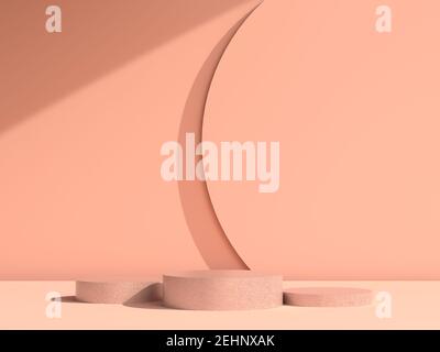 Passerella beige astratta in forme geometriche. Piedistallo in pietra granitica a forma di cilindro per la presentazione di un prodotto o servizio. Foto Stock