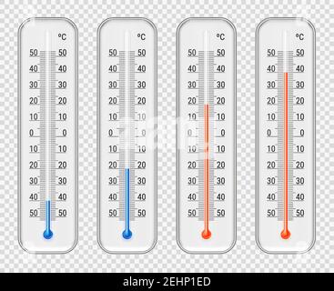 All'aperto, al coperto, gradi celsius rosso e blu diversi Meteorologici alcolici termometri set trasparente sfondo realistico illustrazione vettoriale Illustrazione Vettoriale