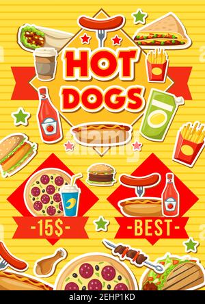 Menu fast food con pizza, hot dog o hamburger e panini messicani. Vector fast food cafe o bistrot burrito, salsiccia o taco, caffè e patatine fritte con Illustrazione Vettoriale