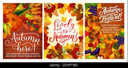 Poster del festival autunnale con verdure e frutta, frutti di bosco e noci. Uva e mirtillo, acorno e pera, funghi e mais, zucca o zucca Illustrazione Vettoriale