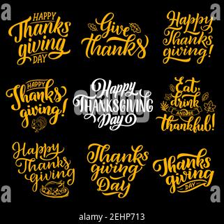 Il saluto del giorno del Ringraziamento augura lettere disegnate a mano per i biglietti d'auguri di festa del raccolto autunnale. Icone calligrafia con foglia, tacchino e zucca per f Illustrazione Vettoriale