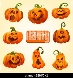 Halloween zucca con pauroso e divertente volti festa d'autunno. Jack di zucca o lanterna con sorriso scolpito spooky e occhi malvagi per Halloween A. Illustrazione Vettoriale