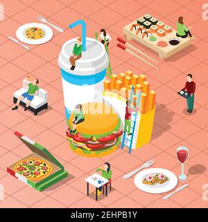 Composizione isometrica del fast food con sushi di hamburger di patate alla griglia icone grandi e la gente piccola statuisce l'illustrazione vettoriale Illustrazione Vettoriale