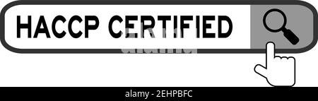 Icona mano sopra la lente di ingrandimento per trovare la parola HACCP (Analisi dei pericoli e punto di controllo critico) nel banner di ricerca su sfondo bianco Illustrazione Vettoriale