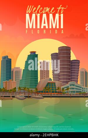 Poster dal design piatto con splendida scena serale di Miami Vector illustrazione Illustrazione Vettoriale