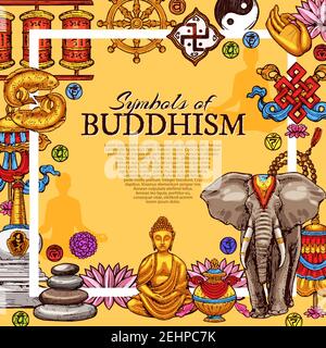 Manifesto dei simboli religiosi del buddismo. Disegno vettoriale del monaco dorato del Buddha nella meditazione di Zen, segno di Yin Yang su elefante bianco e flusso di loto Illustrazione Vettoriale