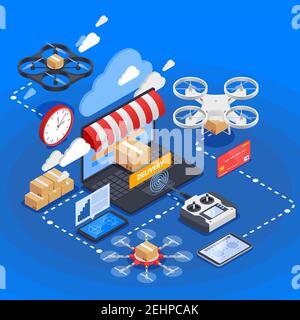 Commercio elettronico e consegna merci per droni composizione isometrica su blu sfondo con illustrazione vettoriale del controller uav Illustrazione Vettoriale
