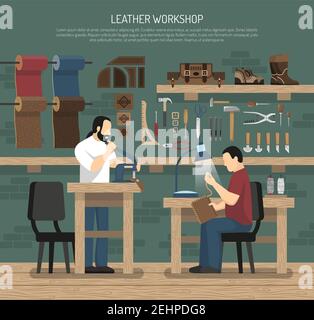 Skinner che lavorano con pelle negli interni dell'officina con attrezzi e. illustrazione vettoriale piatta dei prodotti della pelle Illustrazione Vettoriale