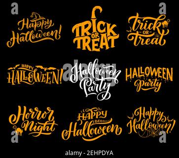 Calligraphy felice della scritta di Halloween per disegno delle schede di saluto. Vettore Halloween trucco e trattare festa o horror notte celebrazione della zucca in strega Illustrazione Vettoriale