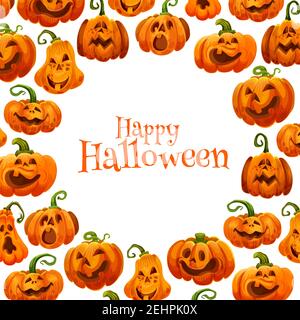 Biglietto d'auguri Halloween per la festa d'autunno. Divertente ottobre jack o lanterna, organizzato in cerchio con desideri di felice Halloween in c Illustrazione Vettoriale