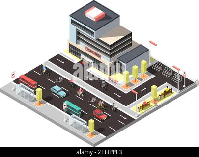 Frammento isometrico del costruttore della città con la fermata dell'edificio moderno della città illustrazione del vettore del traffico urbano di auto e biciclette Illustrazione Vettoriale