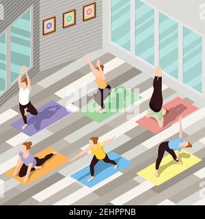 Sfondo isometrico con persone che fanno yoga su tappeti colorati in ampio centro fitness con illustrazione vettoriale 3d Illustrazione Vettoriale