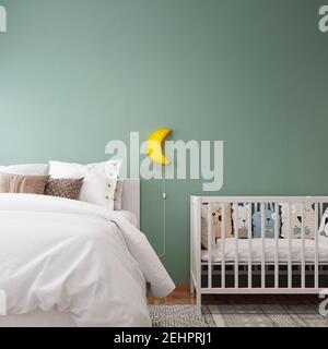 Interni moderni con letto bianco e culla in legno 3D rendering, illustrazione 3D Foto Stock