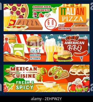 Menu di consegna fast food per pizza italiana, cucina messicana o barbecue e hamburger. Bicchiere da birra vettoriale, patatine fritte o tacos con burrito e enchilada, caldo Illustrazione Vettoriale