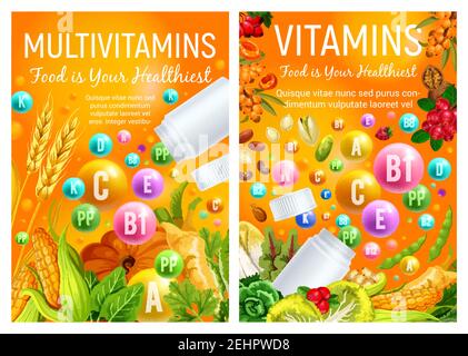 Pillole vitaminiche in alimenti sani di frutta, verdura biologica e frutta a guscio naturale o cereali e bacche. Vettore multivitaminico complesso farmaceutico, dieta Illustrazione Vettoriale