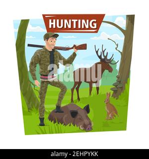 Poster di caccia. Hunter uomo con animali selvatici trofeo e fucile. Vector caccia stagione aperta, foresta palchi alci, arpei o cinghiali e coniglio o lepre Illustrazione Vettoriale