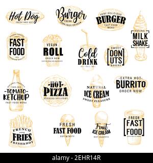 Icone di spuntini e bevande veloci con scritte disegnate a mano. Burger, hot dog e pizza, hamburger, patatine fritte e soda, gelato e ciambelle schizzi vettoriali Illustrazione Vettoriale