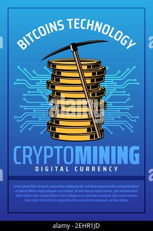 Bitcoin mining, virtuale criptovaluta e tecnologia internet business . Monete d'oro di denaro digitale o criptovaluta e pickaxe, circuito stampato Illustrazione Vettoriale