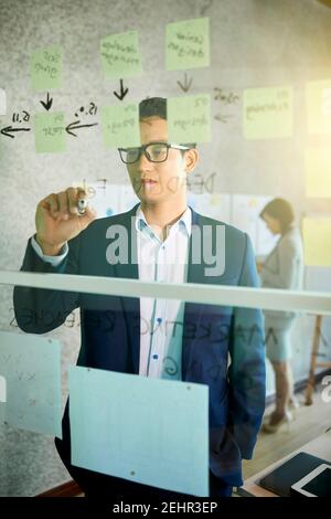 Scrittura imprenditore su parete di vetro Foto Stock