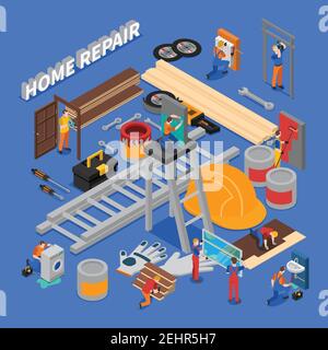 Composizione di persone di lavoro di riparazione domestica con colori isometrici con icona combinata impostare su riparazione e strumenti di lavoratori tema illustrazione vettoriale Illustrazione Vettoriale