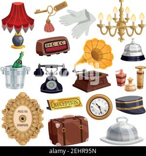 Colorato e isolato vintage del personale dell'hotel insieme di icone con attributi e gli elementi degli strumenti nell'illustrazione vettoriale degli hotel Illustrazione Vettoriale