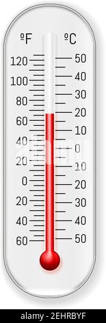 Colorante rosso etanolo alcol celsius fahrenheit all'aperto e al coperto classico termometro per misurazioni meteorologiche illustrazione vettoriale realistica Illustrazione Vettoriale