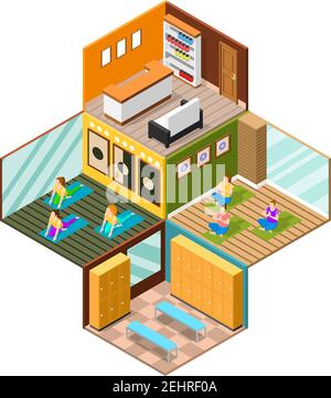 Diverse camere del moderno centro fitness e delle donne che praticano lo yoga immagine vettoriale isometrica 3d su sfondo bianco Illustrazione Vettoriale